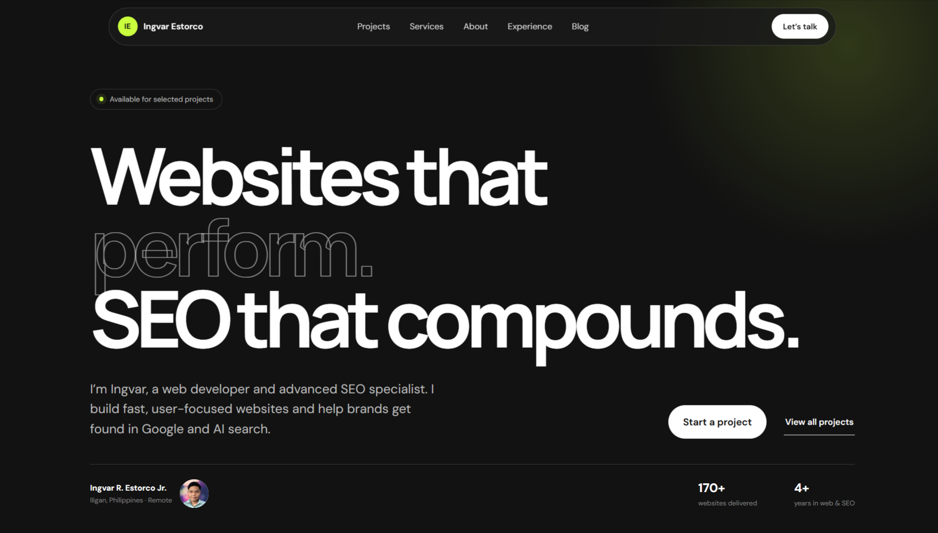 Homepage of Ingvar Estorco’s new web developer and SEO specialist website
