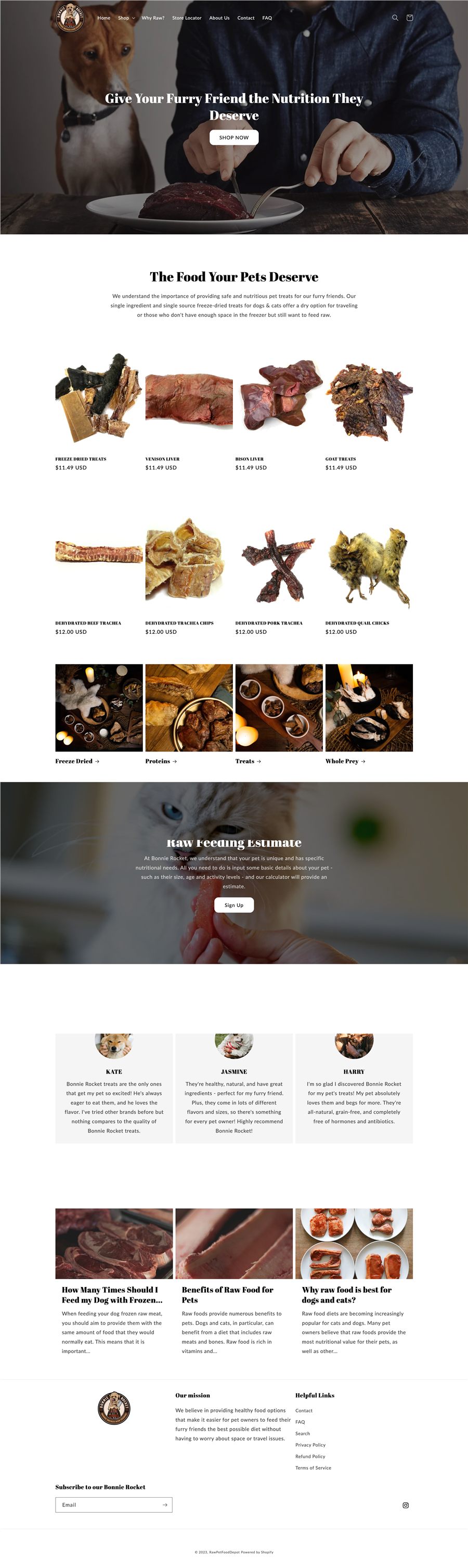 Full online-store homepage for Raw Pet Food Depot