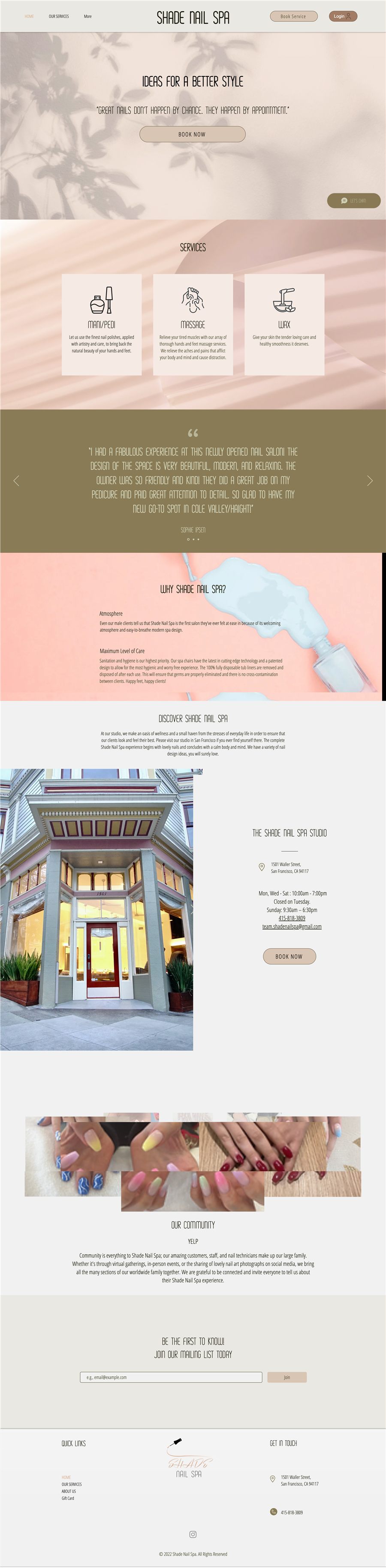 Full homepage design for Shade Nail Spa