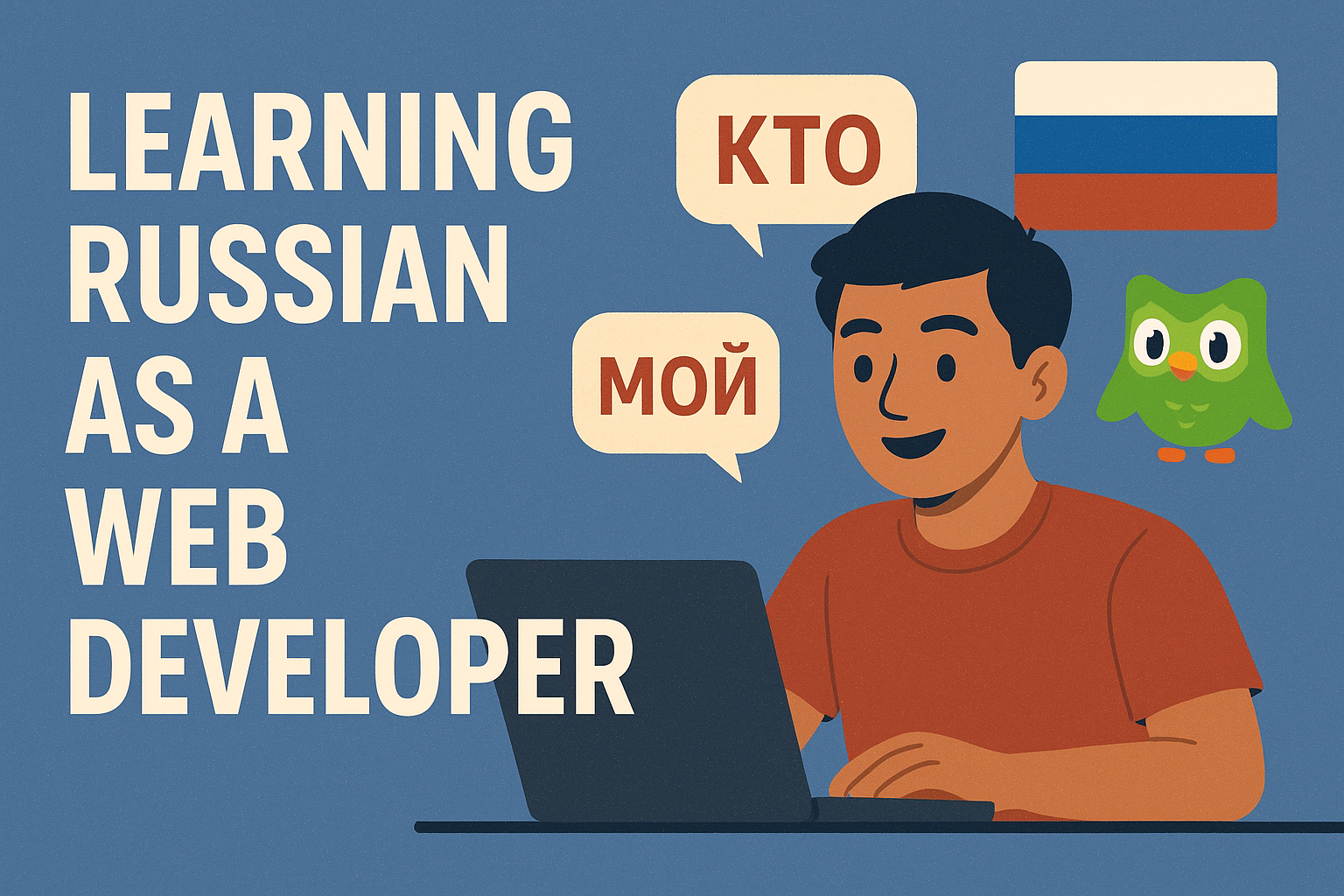 Digital illustration of a Filipino web developer learning Russian on a laptop, with Duolingo owl, Russian flag, and speech bubbles showing Cyrillic words “КТО” and “МОЙ.”